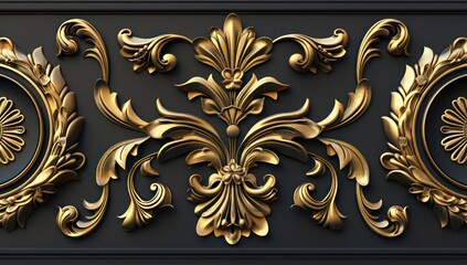 3d gold decorative seamless pattern on black, in the style of rococo ornamentation, naturalistic forms, decorative borders, asymmetrical compositions, flower and nature motifs, matte background