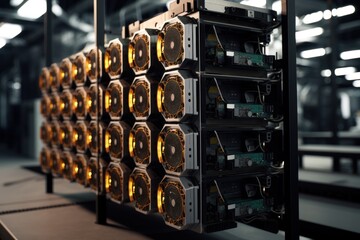 Wall Mural - Interior view of bitcoin miner device on stand in a crypto mining farm. Photorealistic.