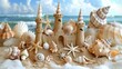 Sandcastle surrounded by shells on a beach with azure sea in the background, ideal for vacation and summer themes.