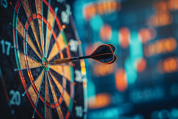 Wall Mural - the dart is stuck on the target with stock market background, make a plan to reach your goals and success in terms of financial freedom and doing business