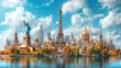 © Roman - World landmarks travel illustration - Eiffel tower, Big Ben, Liberty statue, USA, Europe, France
