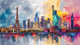 Fototapeta Big Ben - World landmarks travel illustration - Eiffel tower, Big Ben, Liberty statue, USA, Europe, France, color spray