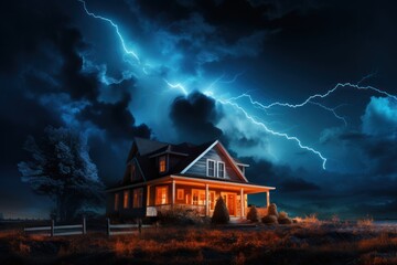 A single family house with bright lightning strike in a thunderstorm at night.