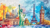 Fototapeta Big Ben - World landmarks travel illustration - Eiffel tower, Big Ben, Liberty statue, USA, Europe, France, colorful graffiti