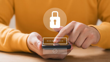Wall Mural - cyber ​​security and data protection, businessman using smartphone internet network security, protec