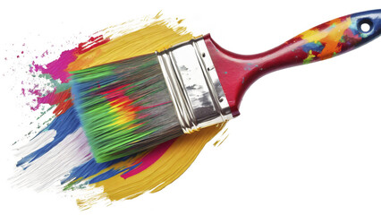 Paint brush with colorful paint strokes isolated on transparent background. Top view