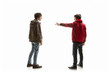 © Flow_control - Young man in red jacket pointing finger at another man in a confrontation on white background