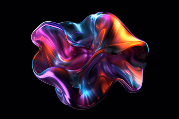 Wall Mural - Colorful abstract holographic shape floating on black background. Transparent glass texture on wavy figure.