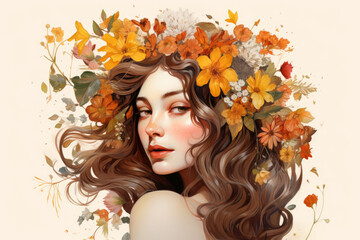 Wall Mural - Beautiful girl with flowers in her hair, fashionable illustration, isolated background, watercolor painting. 