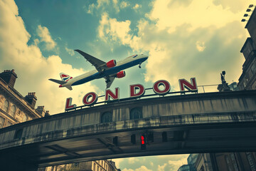 Wall Mural - Airplane landing with LONDON sign, arriving to UK, England, United Kingdom