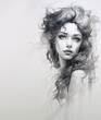 © IULIIA - drawn girl with long hair in black and white.  place for text.