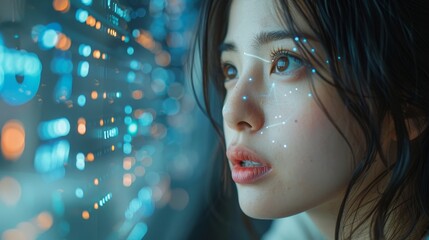 Aufkleber - In a fast-paced world, a young Asian woman watches her phone data and functions on a holographic display around her while staying up to date with technology.