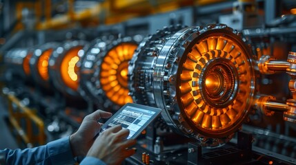 Canvas Print - Industrial Engineers Visualize a 3D Model of a Clean Green Energy Engine on a Tablet Computer. High-Tech Electronics Facility with Machinery Manufacturing Products in Industry 4.