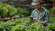 Farmers holding smartphones, farm background, concept of agricultural product control with AI technology, future market in agriculture, tracking production by smart agriculture