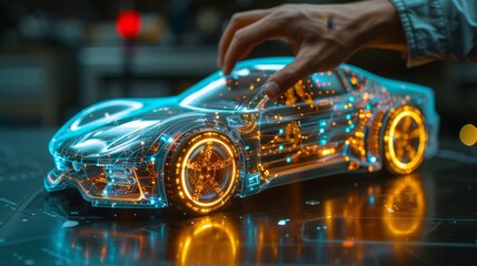 Poster - An engineer builds a 3D model of a high-tech electric vehicle with the use of an Augmented Reality hologram, optimizing battery efficiency. Autonomous robot arm manufacturing made possible by the use