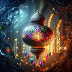 3d painting of Islamic lantern Eid lamps with the word Ramadan wallpaper