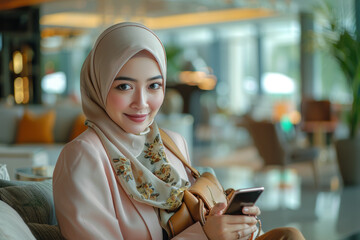 Wall Mural - Malay woman sitting and using cell phone in the airport executive lounge