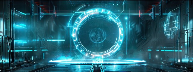 Background podium 3d light game circle blue neon stage. Virtual 3D podium hud design technology background cyber tech cyberpunk digital element show space future room. Background banner technology