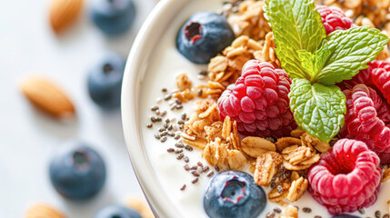 Poster - Close-up of a healthy granola bowl with fresh raspberries, blueberries, almonds, and chia seeds