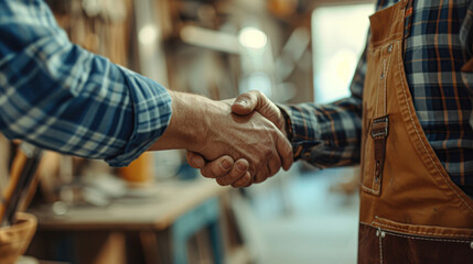 Two craftsmen in a woodworking workshop sealing a deal with a firm handshake, showcasing partnership and collaboration