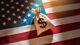 Fototapeta  - Money bag with dollar sign on the background of the US flag. American economy concept. Investment and success 