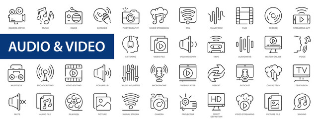 Audio and video line icons set. Music, voice, radio, movie, streaming, photography icons and more signs. Thin line icon collection.