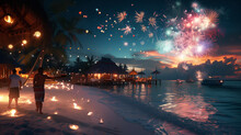 Tropical Beach Fireworks Celebration At Sunset