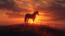  Silhouetted against a fiery sunset, a horse stands atop a hill.