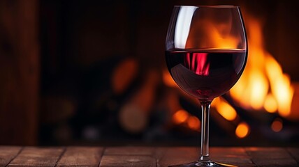 Wall Mural - Glass of Red Wine in Front of Fireplace
