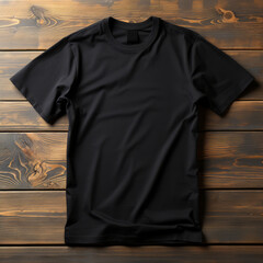 Black t-shirt on dark wooden background. Mockup for design