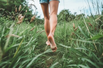 feet in grass. running feet in the path in the grass. Close-up.