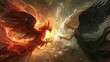 Depict a clash between a legendary phoenix and a sorceress harnessing the power of darkness