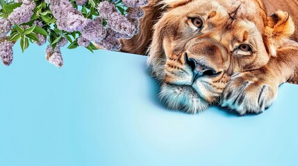 Wall Mural - lion with flower on a blue background. Generative AI