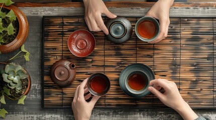 Canvas Print - A tea set on a wooden table from above, creating a serene background for a tea ceremony.