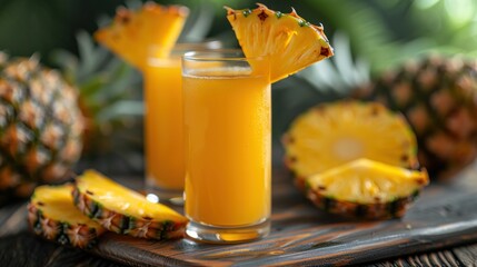 Wall Mural - Slices of pineapple and pineapple juice served in glassware on a wooden table