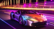 A Fast Sports Car Drives Over A Neon Bridge
