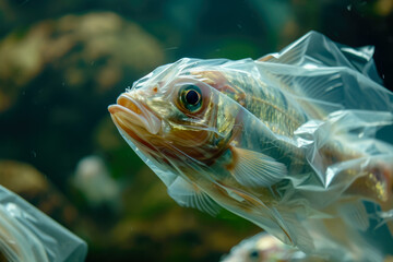 close-up of a fish covered in plastic. The fish is struggling to swim, and there are other fish in the background