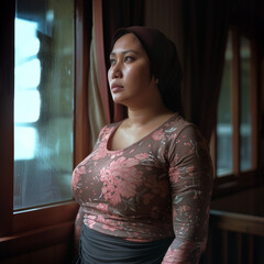 portrait d'une femme indonésienne  devant une fenêtre qui regarde à l'extérieur. Femme maquillée portant un foulard sur la tête un teeshirt moulant montrant sa forte poitrine et une jupe.