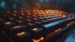 Close-up of a mechanical keyboard with orange backlighting and water droplets, suggesting a moody, atmospheric setting.