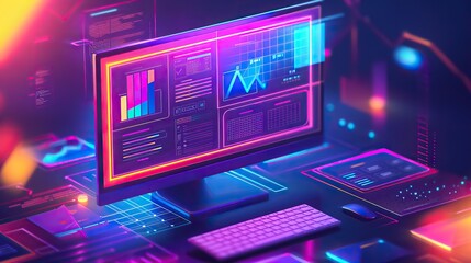 A vibrant and futuristic workstation setup with a multi-screen display showing advanced data analytics and colorful neon lights.