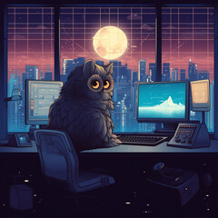 owl working in the office at night