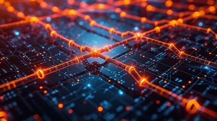 Wall Mural - A detailed image of a circuit board with a network of glowing red connections, symbolizing high-speed data processing and electronic pathways.