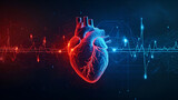 Fototapeta  - Digital 3D illustration of a human heart with blue digital red and blue cardiac pulse line. on a black background with copy space. Heart health, cardiology, cardiovascular disease concept