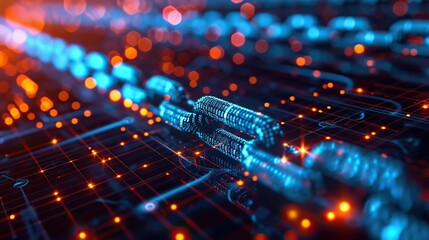 Wall Mural - abstract digital visualization of blockchain technology, with glowing blue nodes and interconnected 
