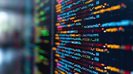 Wall Mural - vibrant source code displayed across multiple computer monitors in a dark room, highlighting softwar