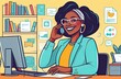 © Svetlana Lavereva - Illustration with beautiful smiling black young woman, using phone for networking or social media at office, reading text message, tying, chatting on internet, making video call.