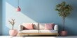 Creating a serene and stylish ambiance with beige sofa, pink lamp, potted plant, and gentle sunlight on a blue wall. Concept Home Decor, Interior Design, Serene Ambiance, Stylish Living Spaces