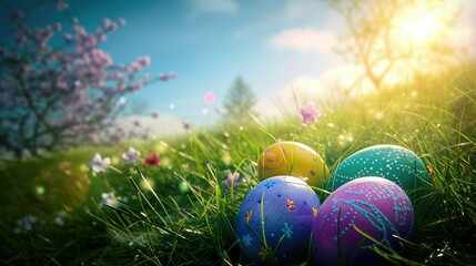 Close up many painted easter eggs with colorful designs over a table, in the style of bright backgrounds.