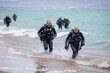 Gray-haired men in diving suits come out of the water in full uniform