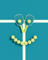 Wall Mural - Pickleball sport equipments. Two rackets and balls on court, laid out in the form of a cheerful smiley face. Top view. 3d illustration, render.